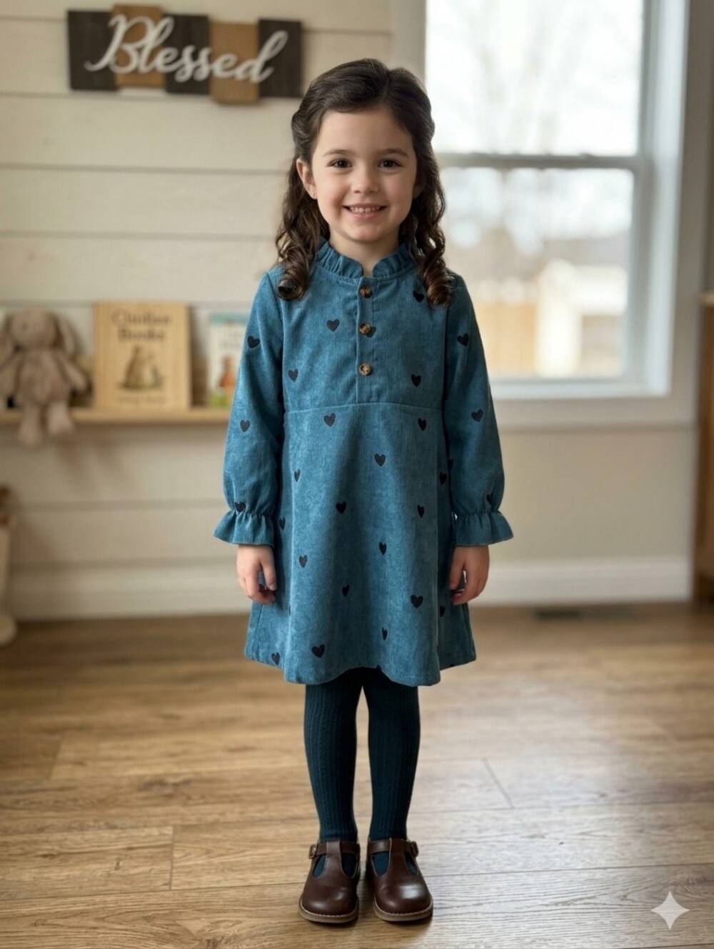 SHEIN Teal Corduroy Dress with Black Heart Print